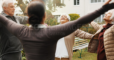 Buy stock photo Woman, physiotherapist or breathing with senior group in garden for outdoor exercise together. Female person, fitness or instructor stretching with elderly people for health or wellness in retirement