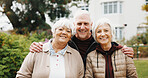 Portrait, happy people and senior friends at backyard for bonding, connection and hug for support. Retirement community, man and woman at home garden with smile, wellness and embrace together
