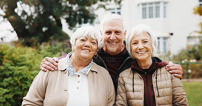 Buy stock photo Portrait, happy people and senior friends at backyard for bonding, connection and hug for support. Retirement community, man and woman at home garden with smile, wellness and embrace together
