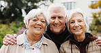 Hug, happy people and senior friends at garden for bonding, connection and portrait for support. Retirement community, man and women at home backyard with smile, wellness and embrace together outdoor