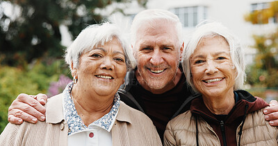 Buy stock photo Hug, happy people and senior friends at garden for bonding, connection and portrait for support. Retirement community, man and women at home backyard with smile, wellness and embrace together outdoor