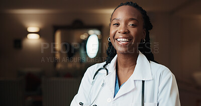 Buy stock photo Woman, portrait and happy in healthcare with doctor in hospital, medical help and surgeon with ambition. Pride, confidence and African female person in health profession, empowerment and career