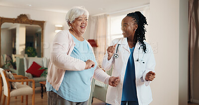 Buy stock photo Doctor, dance and senior woman in home for healthcare recovery, rehabilitation and laugh for wellness. Retirement, medical worker and moving with happy person, mobility exercise and homecare visit