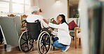 Assisted living, nurse and old woman with disability in wheelchair for checkup or healthcare. Conversation, smile and support with caregiver speaking to senior patient in home for rehabilitation