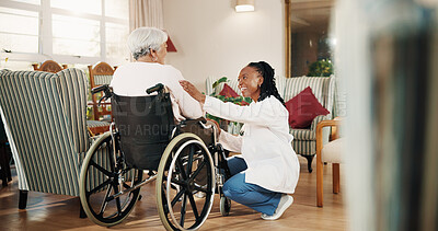 Buy stock photo Assisted living, nurse and old woman with disability in wheelchair for checkup or healthcare. Conversation, smile and support with caregiver speaking to senior patient in home for rehabilitation