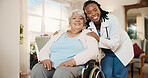 Portrait, doctor and old woman in nursing home with wheelchair, support and smile for medical checkup. Happy, healthcare worker and senior person with disability, homecare visit and rehabilitation.