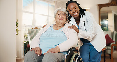Buy stock photo Portrait, doctor and old woman in nursing home with wheelchair, support and smile for medical checkup. Happy, healthcare worker and senior person with disability, homecare visit and rehabilitation.
