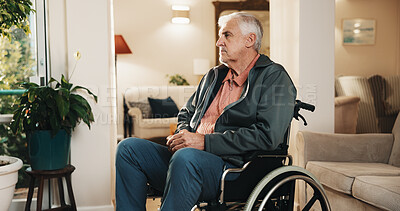 Buy stock photo Thinking, relax and senior man in wheelchair at house with memory, remember or planning retirement. Serious, decision and elderly person with disability in living room with reflection or nostalgia.