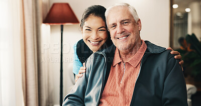 Buy stock photo Support, nurse and old man in retirement home with portrait, bonding and happy moment in lounge. Smile, caregiver or senior person with hug, loving relationship and patient connection in elderly care
