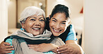 Support, nurse and old woman in home with portrait, bonding and happy moment in elderly care. Smile, caregiver and senior person with hug, loving relationship and patient connection in retirement.