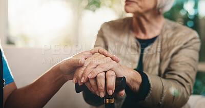 Buy stock photo Caregiver, hands and old woman in retirement home with cane, support and help for injury rehabilitation. Nurse, walking stick and senior person with disability, assistance and healthcare for recovery