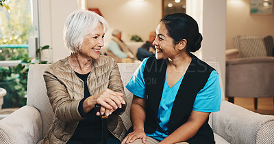 Buy stock photo Retirement, caregiver and old woman on sofa with conversation, support or comfort at nursing home. Homecare, senior person with cane and nurse with healthcare, discussion and advice in living room