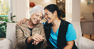 Buy stock photo Retirement, caregiver and senior woman on sofa with conversation, hug or comfort at nursing home. Homecare, old person with cane and nurse with healthcare, discussion and advice in living room
