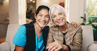 Buy stock photo Support, nurse and old woman in house with portrait, bonding and happy moment in elderly care. Smile, caregiver and senior person with hug, loving relationship and patient connection in retirement.