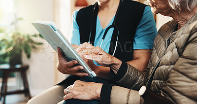 Buy stock photo Hands, tablet and senior woman with nurse for conversation, support or consultation in nursing home. Homecare, old person and caregiver with healthcare, feedback and checkup review in living room