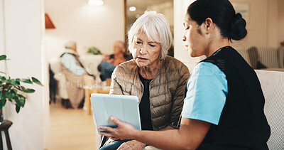 Buy stock photo Consultation, tablet and old woman with nurse for conversation, support or service in nursing home. Homecare, senior person and caregiver with healthcare, tech and checkup review in living room