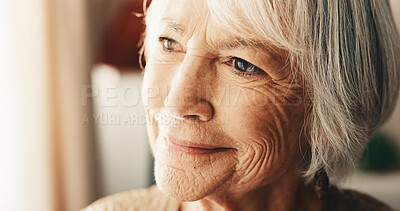 Buy stock photo Thinking, smile and senior woman in home with memory, remember or planning retirement. Happy, decision and elderly person in living room with choice, reflection or nostalgia of pension in apartment.