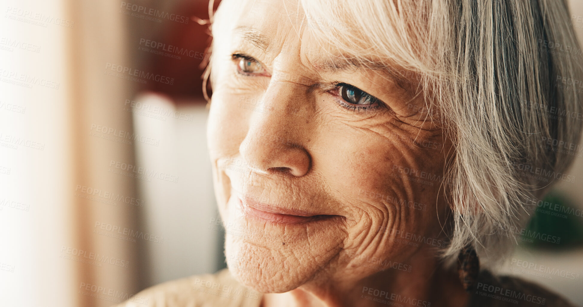 Buy stock photo Thinking, smile and senior woman in home with memory, remember or planning retirement. Happy, decision and elderly person in living room with choice, reflection or nostalgia of pension in apartment.