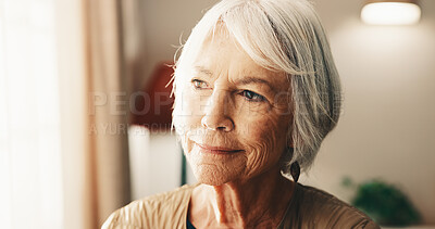 Buy stock photo Thinking, calm and senior woman by window in home with memory, remember or planning retirement. Smile, decision and elderly person in living room with choice, reflection or nostalgia in house.