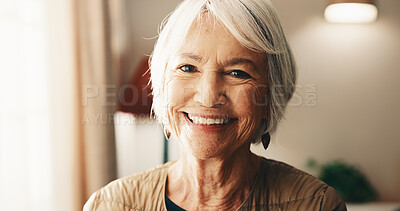 Buy stock photo Portrait, old woman and relax at house with smile, peace and calm morning for stress relief. Happy, senior person or confident in home with positive attitude, weekend break or retirement for wellness