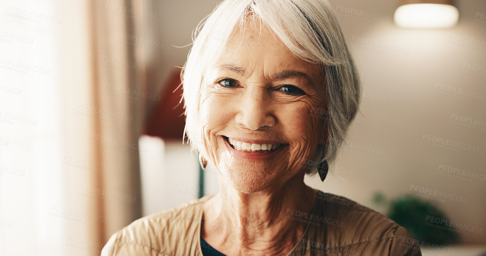 Buy stock photo Portrait, old woman and relax at house with smile, peace and calm morning for stress relief. Happy, senior person or confident in home with positive attitude, weekend break or retirement for wellness