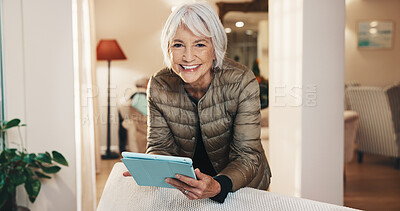Buy stock photo Senior, portrait and happy woman with tablet in retirement home for online game or entertainment. Elderly, female person or pensioner with smile or technology for network, connection or app in house