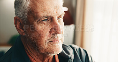 Buy stock photo Thinking, serious and senior man by window in home with memory, remember or planning retirement. Relax, decision and elderly person in living room with choice, reflection or nostalgia in house.