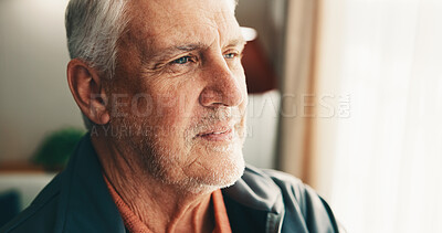 Buy stock photo Thinking, smile and senior man by window in home with memory, remember or planning retirement. Pension, decision and elderly person in living room with choice, reflection or nostalgia in house.