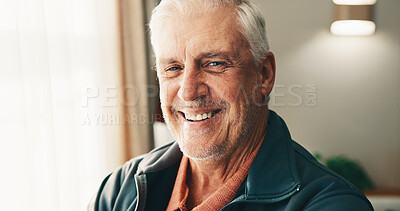 Buy stock photo Portrait, old man and relax at house with smile, peace and calm morning for stress relief. Happy, senior person or confident in home with positive attitude, weekend unwind and retirement for wellness