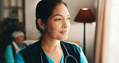 Buy stock photo Thinking, smile and nurse in nursing home with planning, decision or choice on healthcare career. Woman, memory and medical caregiver in living room with brainstorming, solution or problem solving.