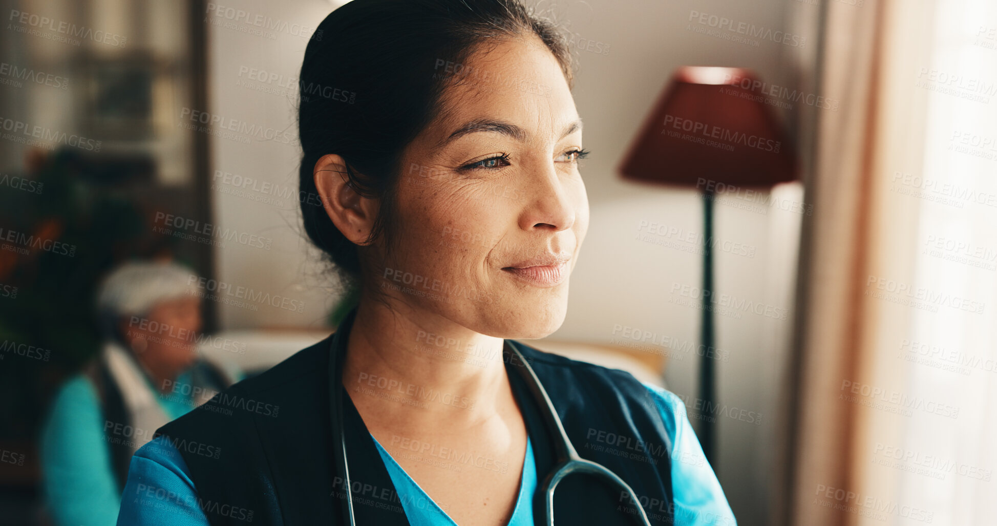 Buy stock photo Thinking, smile and nurse in nursing home with planning, decision or choice on healthcare career. Woman, memory and medical caregiver in living room with brainstorming, solution or problem solving.