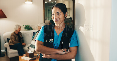 Buy stock photo Thinking, crossed arms and nurse in retirement home with planning, decision or choice on medical career. Woman, smile and healthcare caregiver in nursing facility for solution, ideas or reflection.
