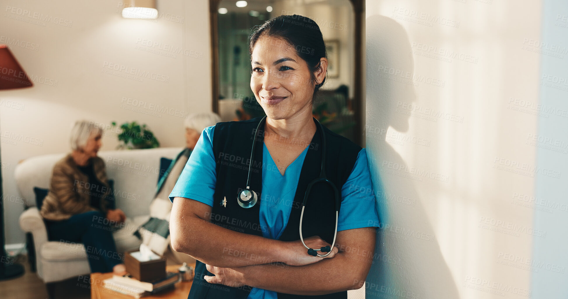 Buy stock photo Thinking, crossed arms and nurse in retirement home with planning, decision or choice on medical career. Woman, smile and healthcare caregiver in nursing facility for solution, ideas or reflection.