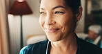 Thinking, woman and nurse in nursing home with planning, decision or choice on healthcare career. Smile, memory and caregiver in living room with medical brainstorming, solution or problem solving.