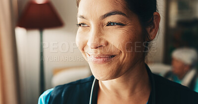 Buy stock photo Thinking, woman and nurse in nursing home with planning, decision or choice on healthcare career. Smile, memory and caregiver in living room with medical brainstorming, solution or problem solving.