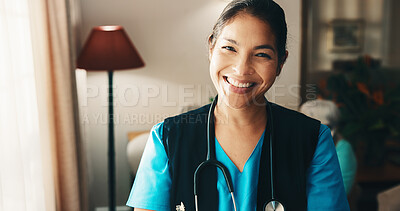 Buy stock photo Portrait, woman and smile with nurse in house for assisted living, homecare service and healthcare. Medical caregiver, happy person and support worker in nursing home, wellness and positive attitude