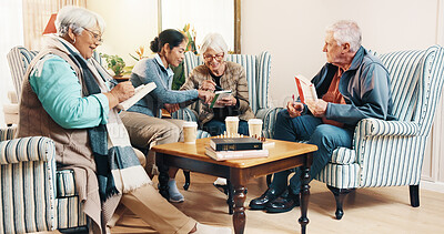 Buy stock photo Caregiver, help and old people with book in home, support and discussion with number puzzle. Carer, happy friends and cognitive activity in retirement, sudoku game or problem solving with assistance