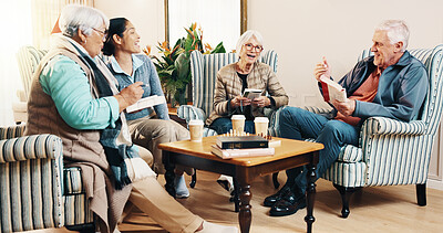 Buy stock photo Caregiver, retirement and people with book in home, laughing and discussion with number puzzle. Carer, senior friends and cognitive activity, sudoku game or problem solving with funny conversation
