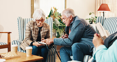 Buy stock photo Old people, relax and reading at house with crossword, word search and quiz for health. Senior friends, helping or book in home with sudoku games, problem solving and puzzle activity for brain teaser