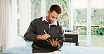 Online, clinic and man on tablet for physiotherapy, appointment schedule and medical service. Healthcare, smile and person with tech, stylus and research for physical therapy, report and planning
