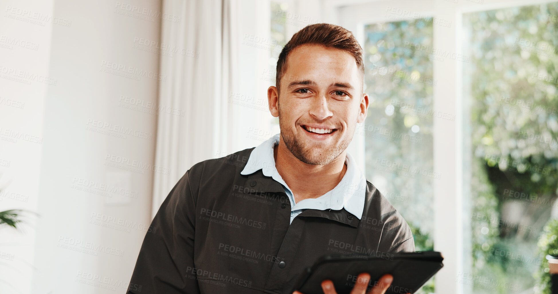 Buy stock photo Smile, tablet and portrait of man in home for remote work, real estate trends and market research. Digital report, agent and online realtor listing with person in house for property management