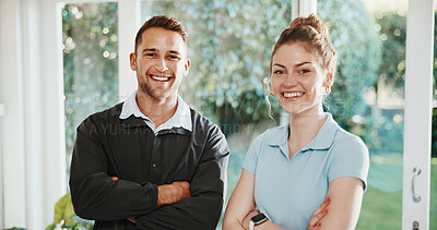 Buy stock photo Portrait, physio and team at house with arms crossed, career pride and about us for injury recovery. Smile, people and physiotherapist in lounge with ambition, positive attitude and physical therapy 