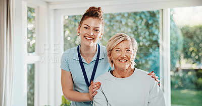 Buy stock photo Portrait, physiotherapist and mature patient in clinic with smile, support and optimistic for recovery. Happy, physical therapist and woman in office for rehabilitation, healthcare or healing injury.