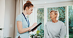 Physiotherapist, writing and woman in consultation with tablet, stylus and conversation for recovery. Physical therapist, mature person and discussion with tech, digital notes or checklist in clinic.