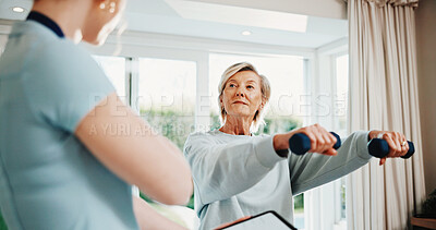 Buy stock photo Weights, consulting and senior woman for physiotherapy, rehabilitation and mobility for arthritis. Healthcare, physical therapist and patient with dumbbells for wellness, healing and muscle strength