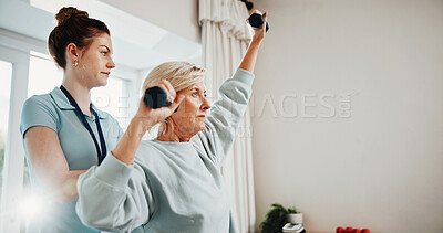 Buy stock photo Weights, exercise and senior woman for physiotherapy, rehabilitation and mobility for arthritis. Healthcare, physical therapist and patient with dumbbells for wellness, healing and muscle strength