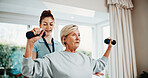 Dumbbells, exercise and senior woman for physiotherapy, rehabilitation and mobility for arthritis. Healthcare, physical therapist and patient with weights for wellness, healing and muscle strength