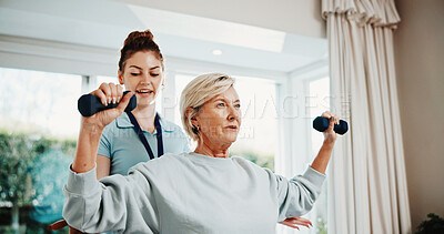 Buy stock photo Dumbbells, exercise and senior woman for physiotherapy, rehabilitation and mobility for arthritis. Healthcare, physical therapist and patient with weights for wellness, healing and muscle strength