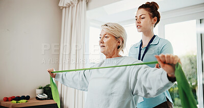 Buy stock photo Physio, woman and stretching in office with resistance band, support and movement for healing injury. Mature person, physical therapy and healthcare worker with equipment, rehabilitation or exercise.