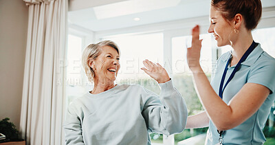 Buy stock photo Happy, physiotherapist and woman in clinic with high five, recovery goals or complete injury treatment. Healthcare worker, mature person and celebration with rehabilitation success, wellness and help